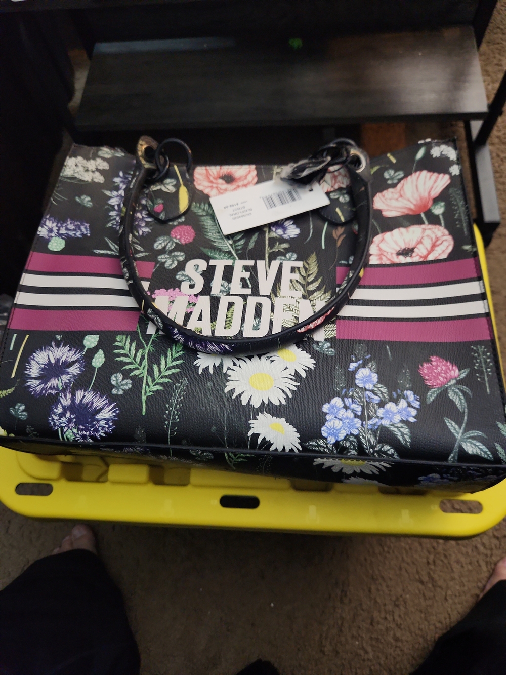 Steve Madden Black Floral Tote Bag with Pink Stripe